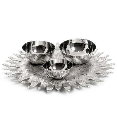 Silver round Metal Tray With 3 Bowls