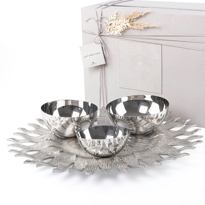 Silver round Metal Tray With 3 Bowls