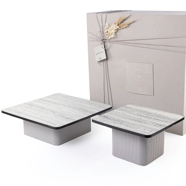 Set Of Leather-Clad Stands With Marble - Grey