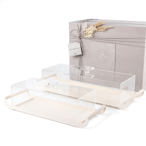 Set of 2 beige rectangular metal trays with acrylic covers