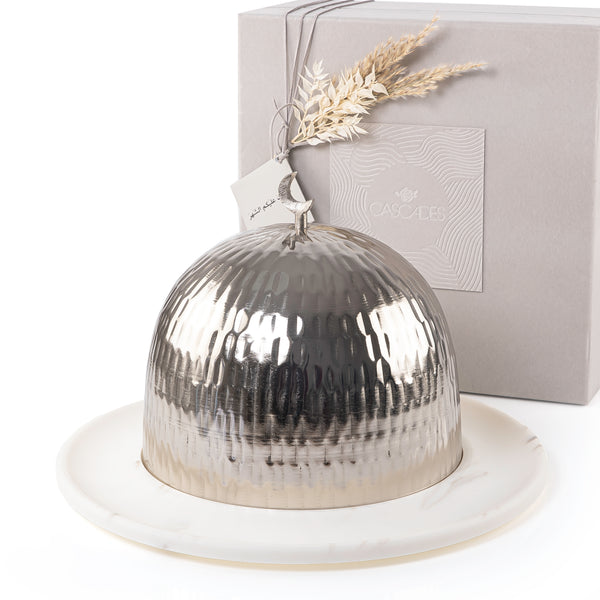 White round marble base with silver metal cover