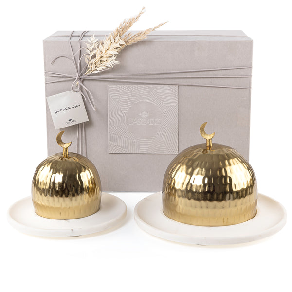 Set of 2 marble circular bases with golden metal cover