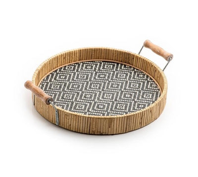 Black And Beige Round Rattan Tray