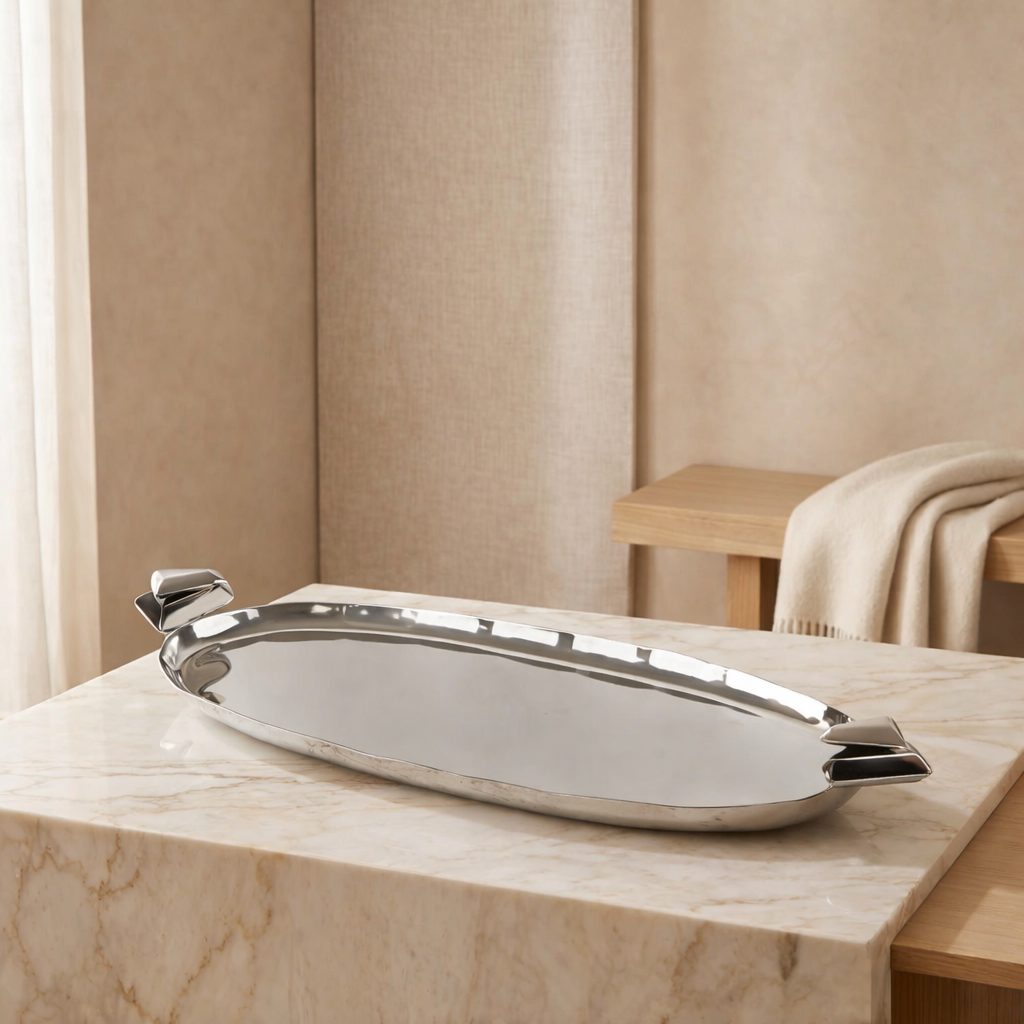 Oval Metal Tray Silver and Black - Large
