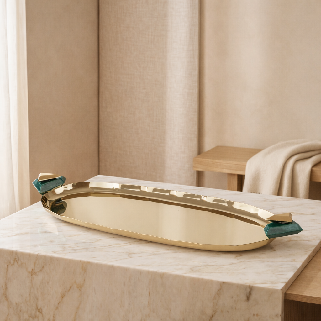 Oval Metal Tray Green and Gold small