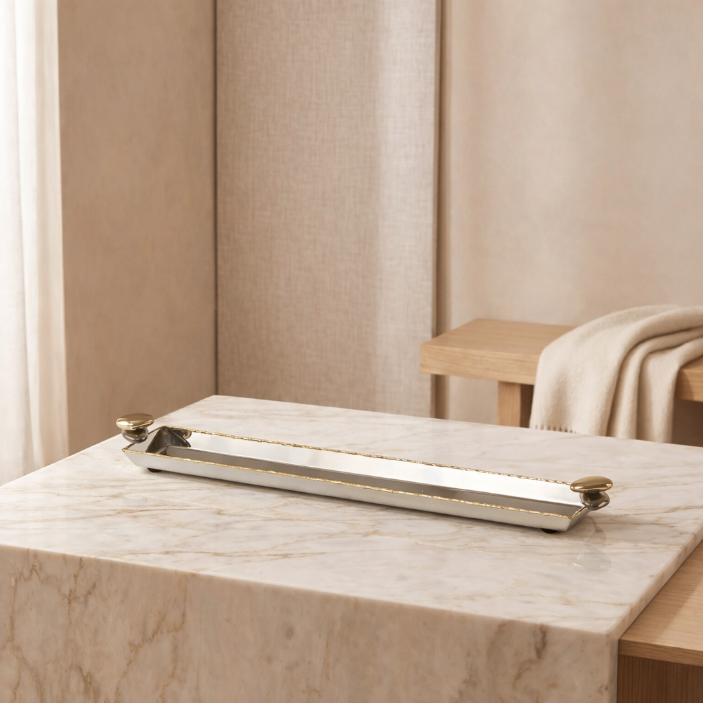 Elegance long stainless steel serving tray - medium