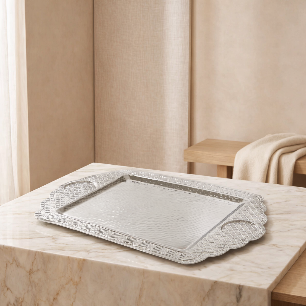 Large Metal Serving Tray - Silver