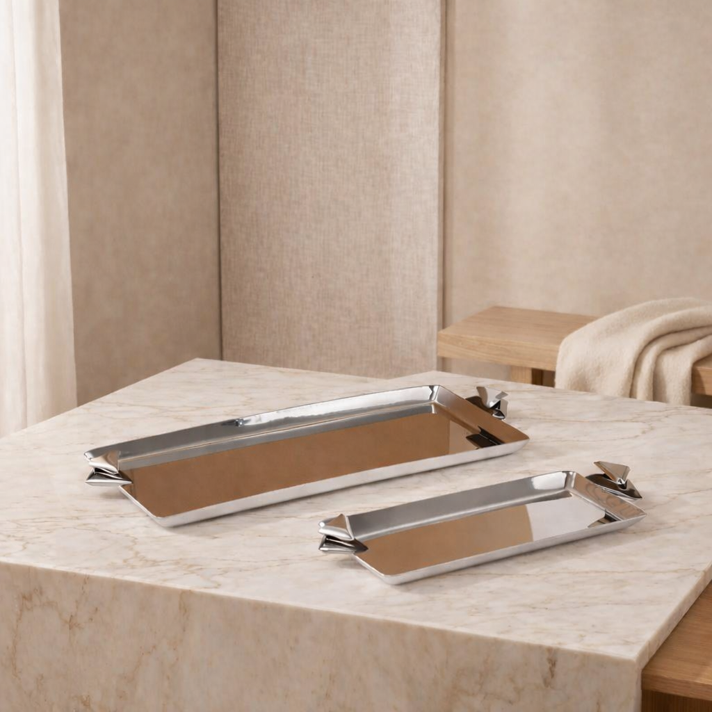 Set of 2 Rectangular Metal Serving Tray with gift box - Silver & Black