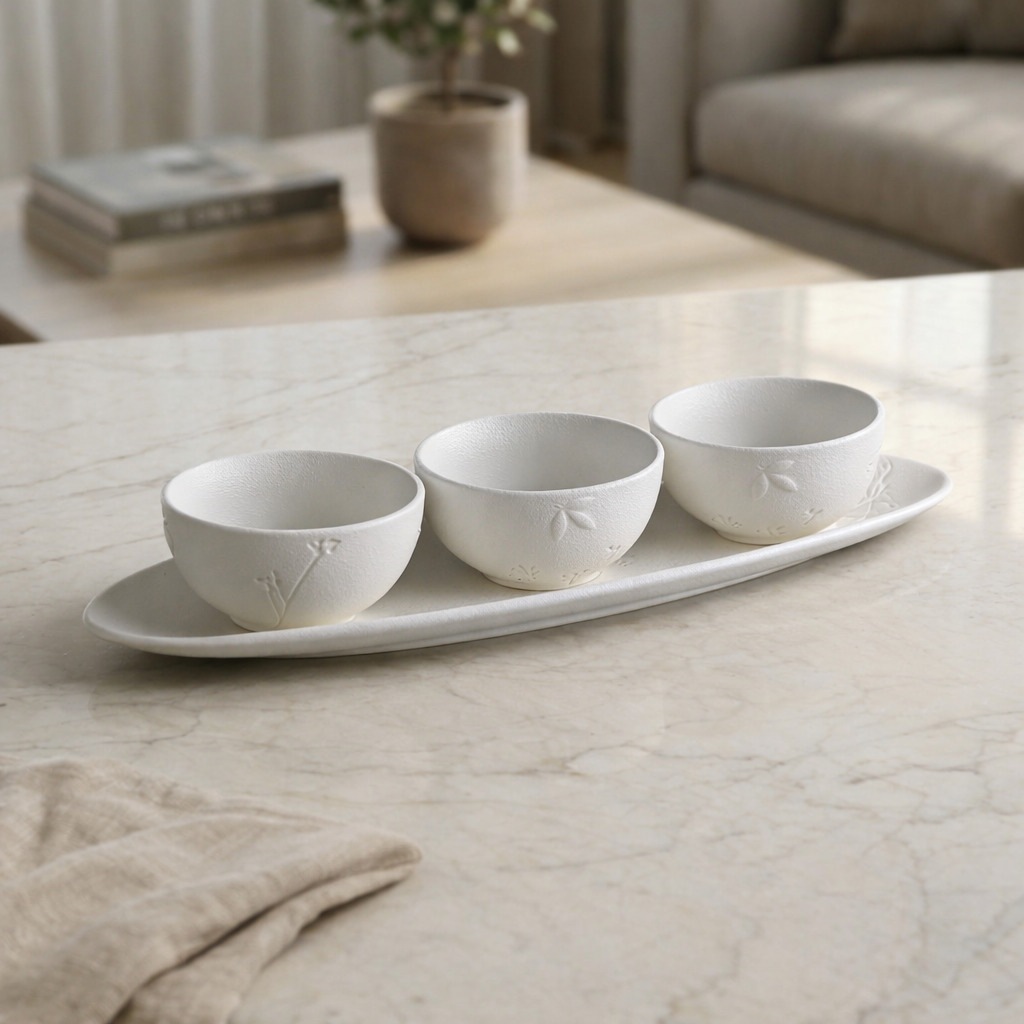 Set of 3 Matt White Ceramic Bowls with Plate
