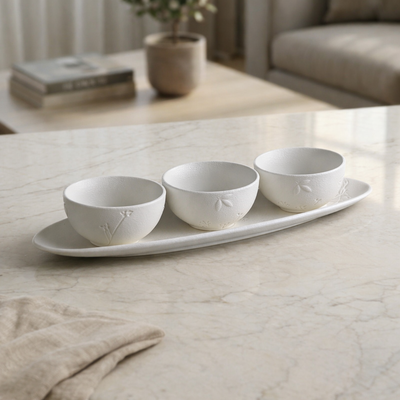 Set of 3 Matt White Ceramic Bowls with Plate With Gift Box