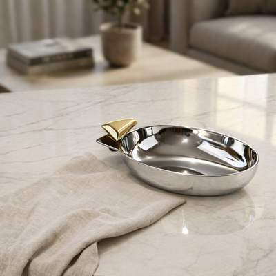 Shiny Steel Serving Bowl with Gold & Black Accents - Small