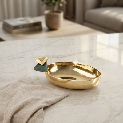 Shiny Steel Serving Bowl with Gold & green  Accents - Small