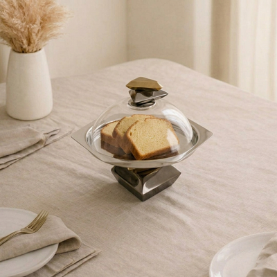 Metal cake stand with glass cover- black and gold small