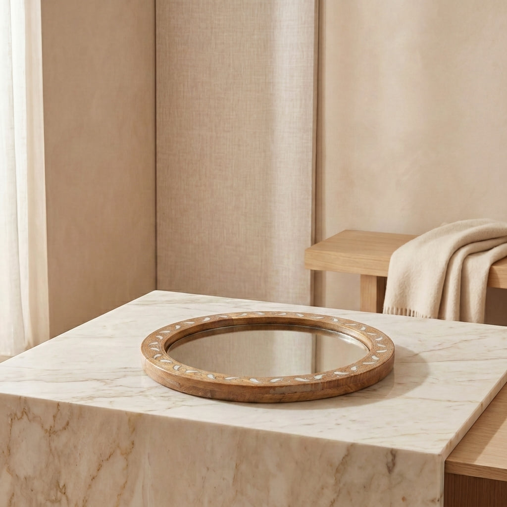 Wooden tray with mirror and mother of pearl