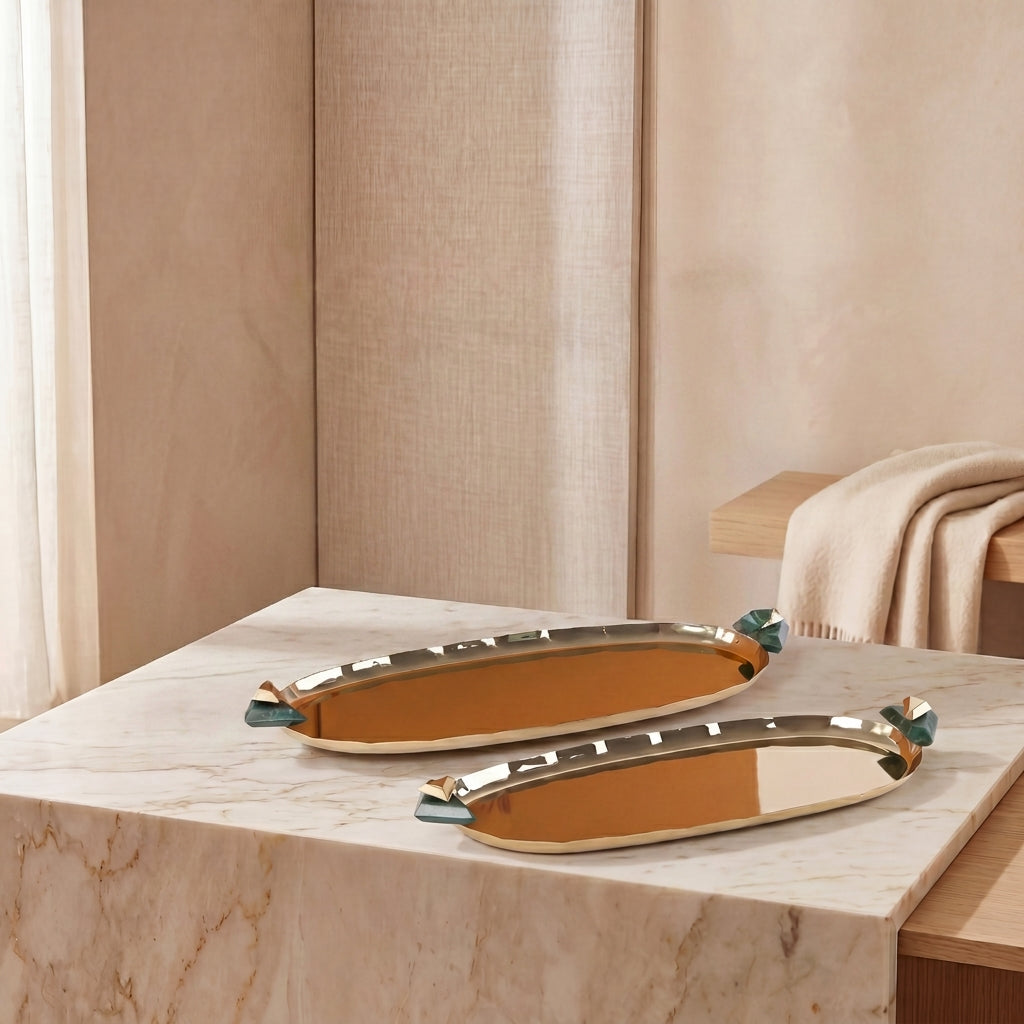 Set of 2 Oval Metal Tray with gift box - Gold