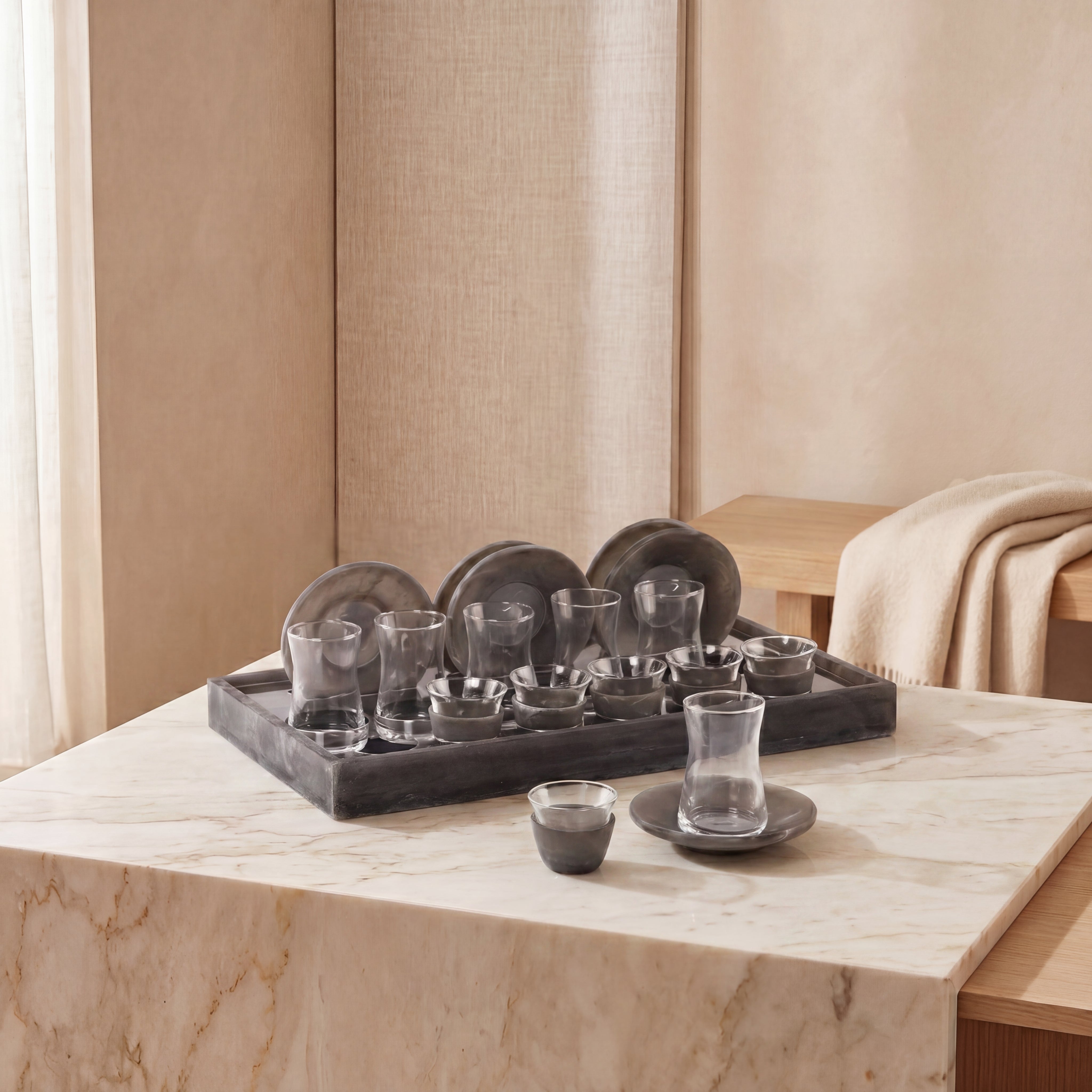 Set of 12 istikana and coffee cups with saucers and gift box - grey