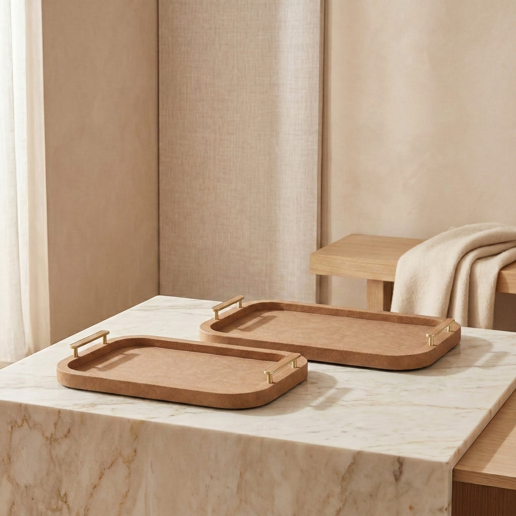 Set of 2 Leather Tray With Gift Box - Brown