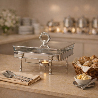 Square Silver Stainless Steel Chafing Dish with Interior Glass Bowl and Handle