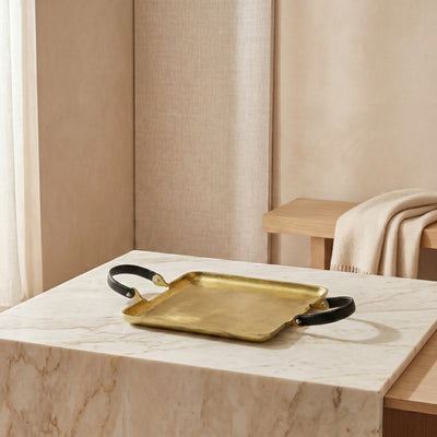 Metal tray with leather handle