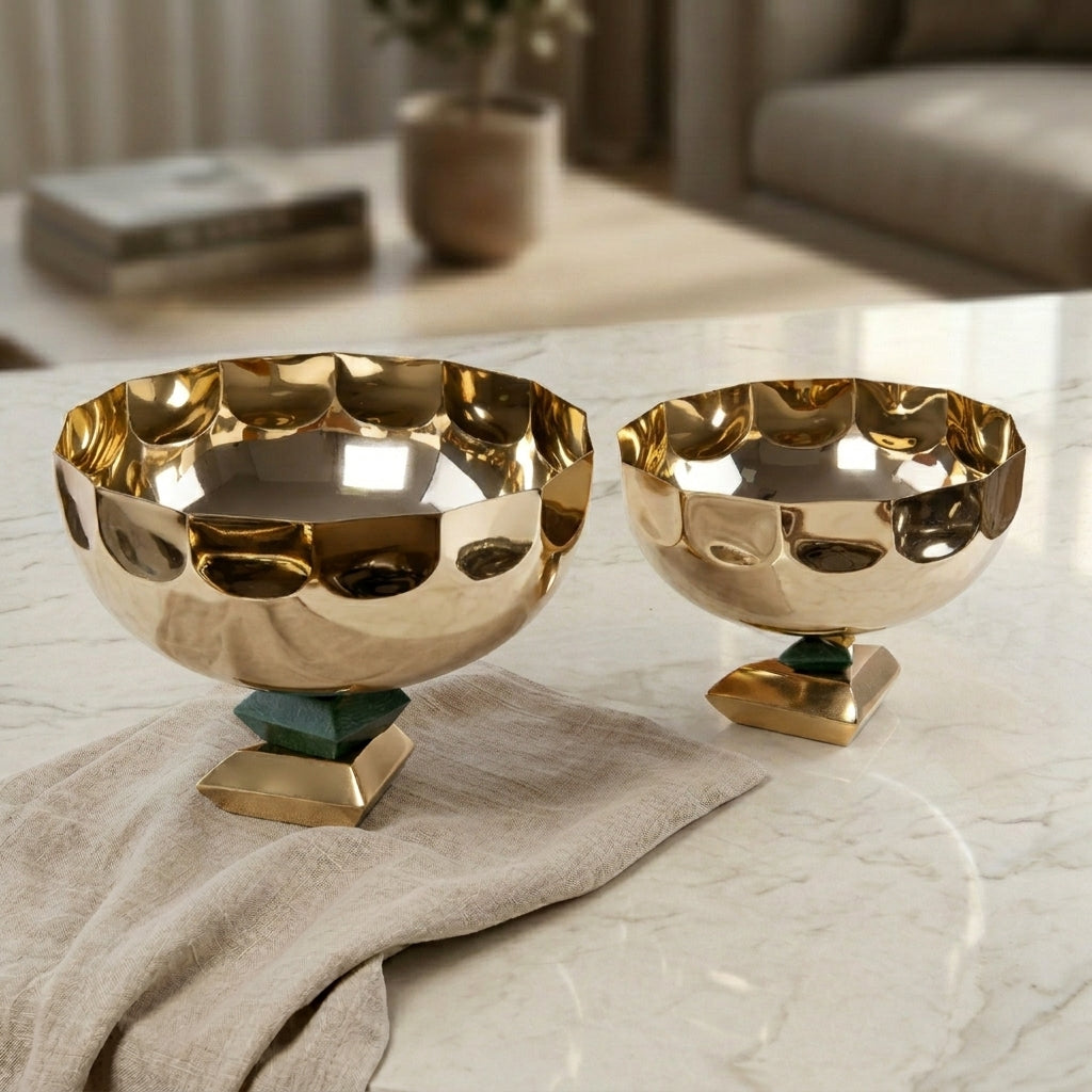 Set of 2 Round Metal Serving Bowl with base stand with gift box- Gold and Green