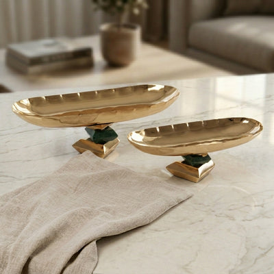 Set of 2 Metal Oval Serving Dish with gift box - Gold & Green