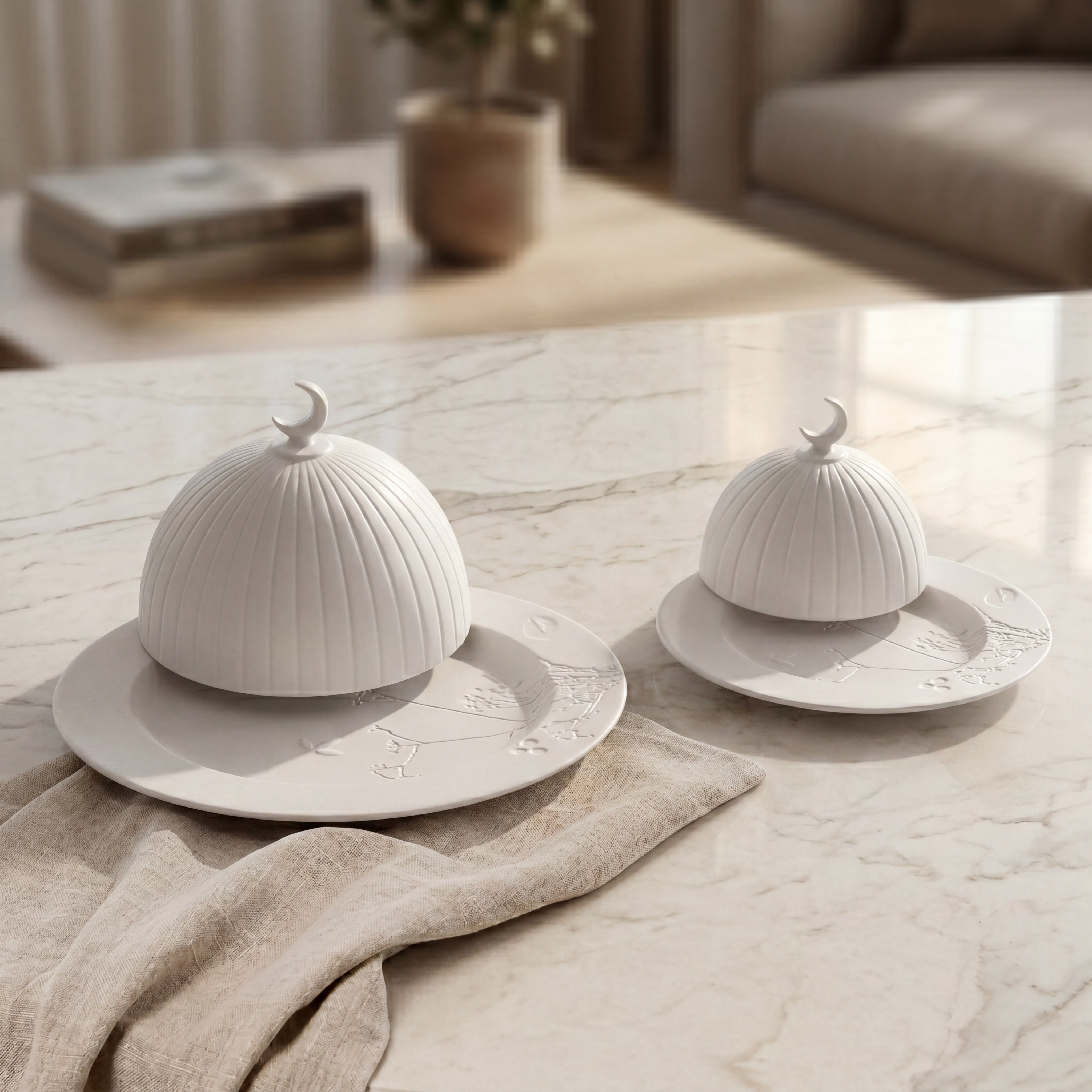 طقم 2 طبق تقديم مع غطاء سيراميك مع بوكس هدايا - أبيض 