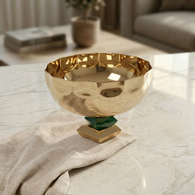 Round Metal Serving Bowl Gold and Green color