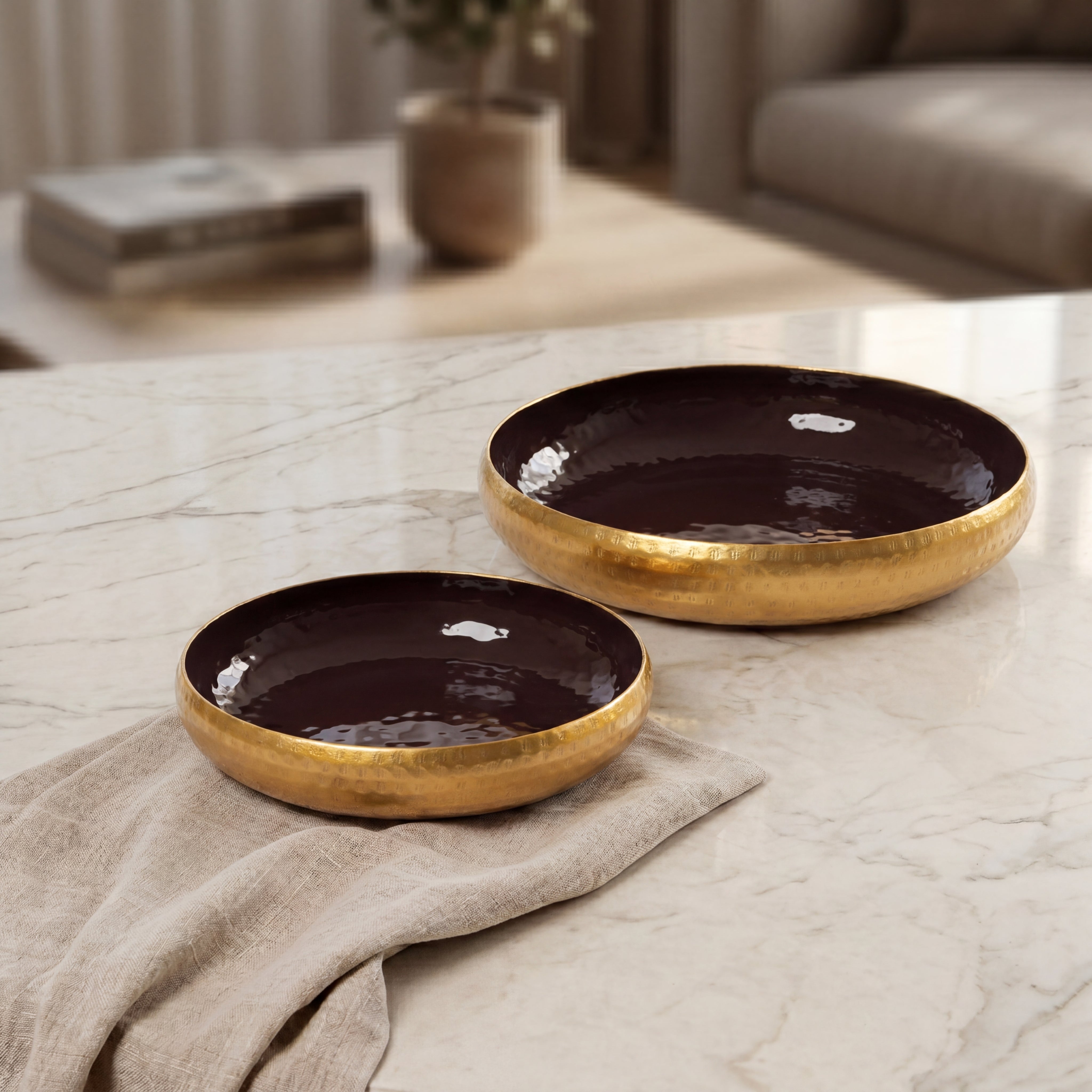 Gold round Metal Tray With Gift Box - Burgundy