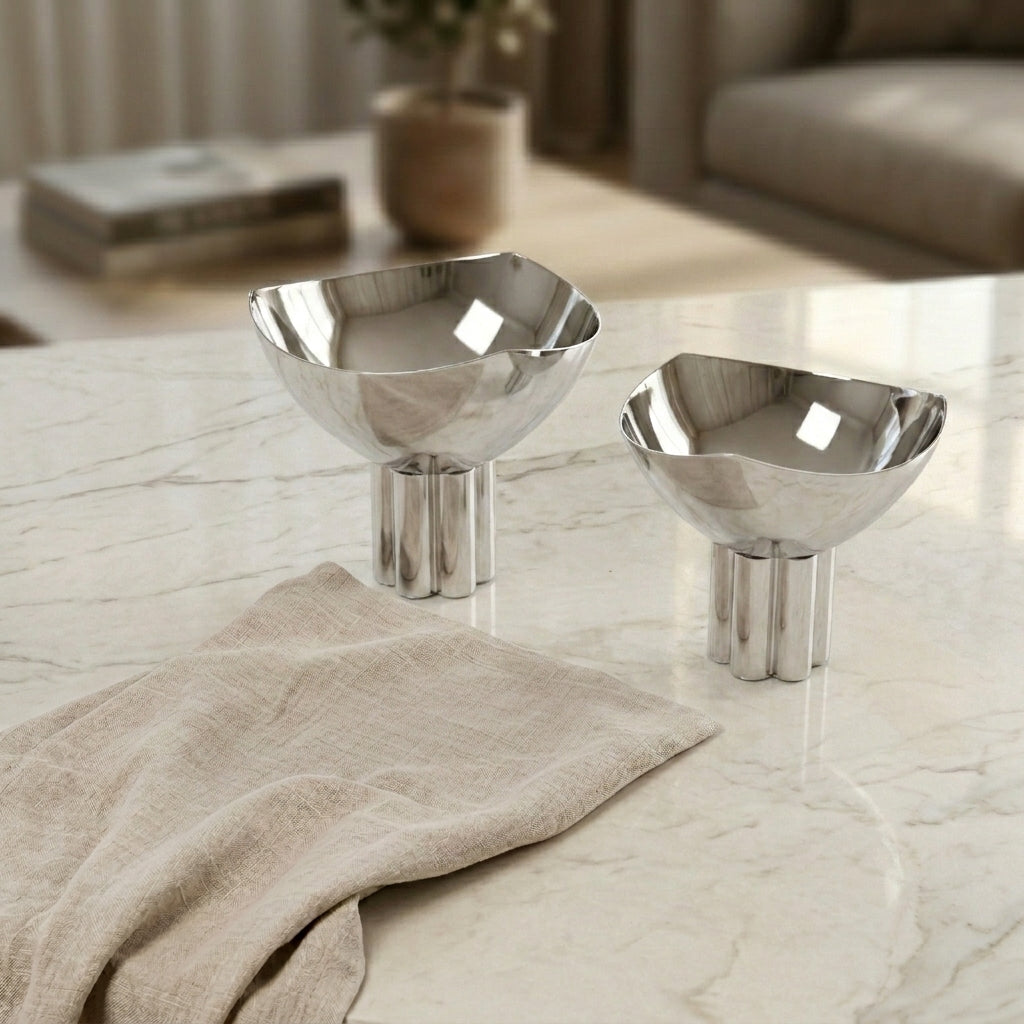 Set of 2 Metal Serving Bowl with base stand with gift box - Silver
