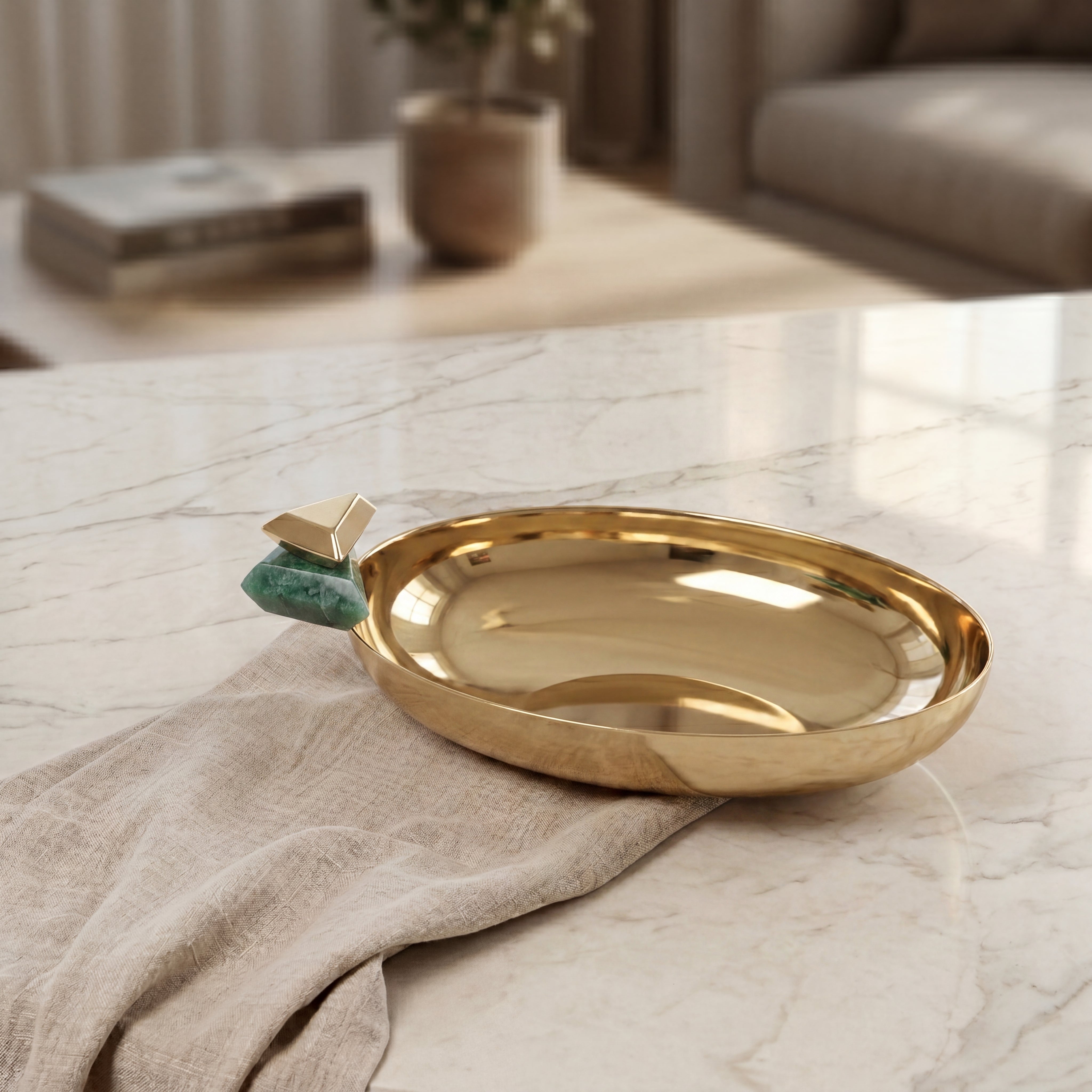 Shiny Steel Serving Bowl with Gold & green Accents - Large