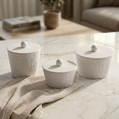 Set Of 3 Matt White Ceramic Bowl with cover With Gift Box