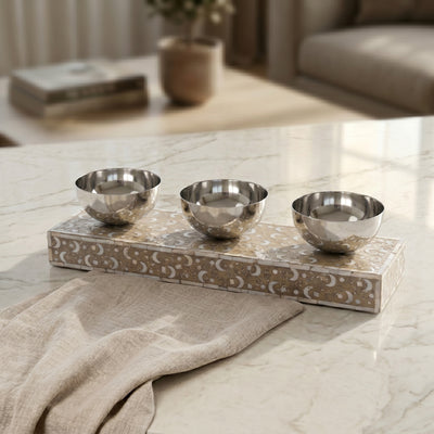 Set of 3 Mop stainless Bowl With Ramadan box-  Dark Beige
