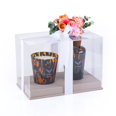 Tuscan leather Gift Set of Candle & Diffuser- from la cierva with Floral Ribbon