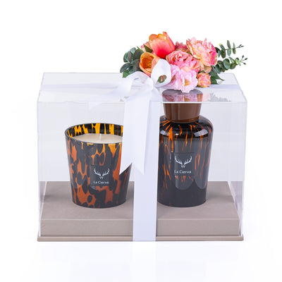 Tuscan leather Gift Set of Candle & Diffuser- from la cierva with Floral Ribbon