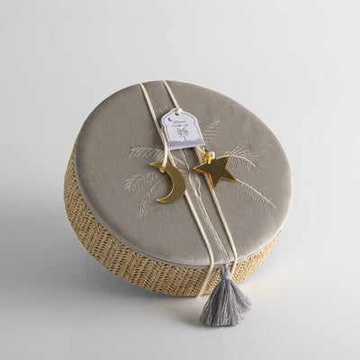 بوكس مجوهرات دائري صغير من الراتان مع غطاء – رمادي