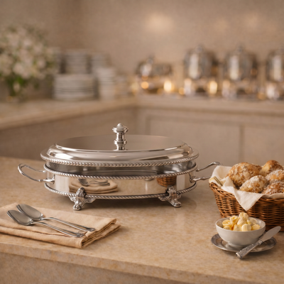 Oval Silver Stainless Steel heat keeper with Interior Glass Bowl - Large