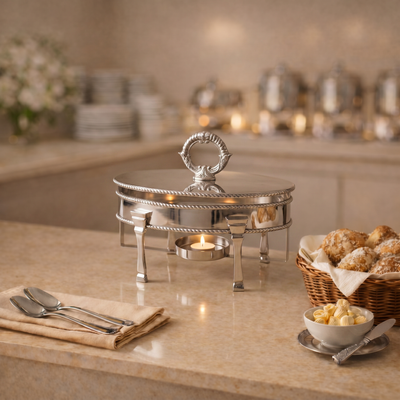 Oval Silver Stainless Steel Chafing Dish with Interior Glass Bowl and Handle - Small