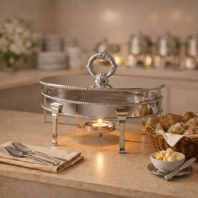 Oval Silver Stainless Steel Chafing Dish with Interior Glass Bowl and Handle - Large