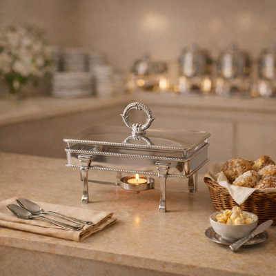 Rectangular Silver Stainless Steel Chafing Dish with Interior Glass Bowl and Handle - Small