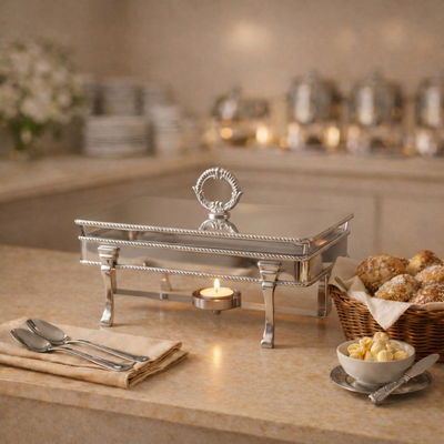 Rectangular Silver Stainless Steel Chafing Dish with Interior Glass Bowl and Handle - Large