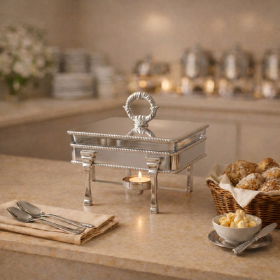 Square Silver Stainless Steel Chafing Dish with Interior Glass Bowl and Handle
