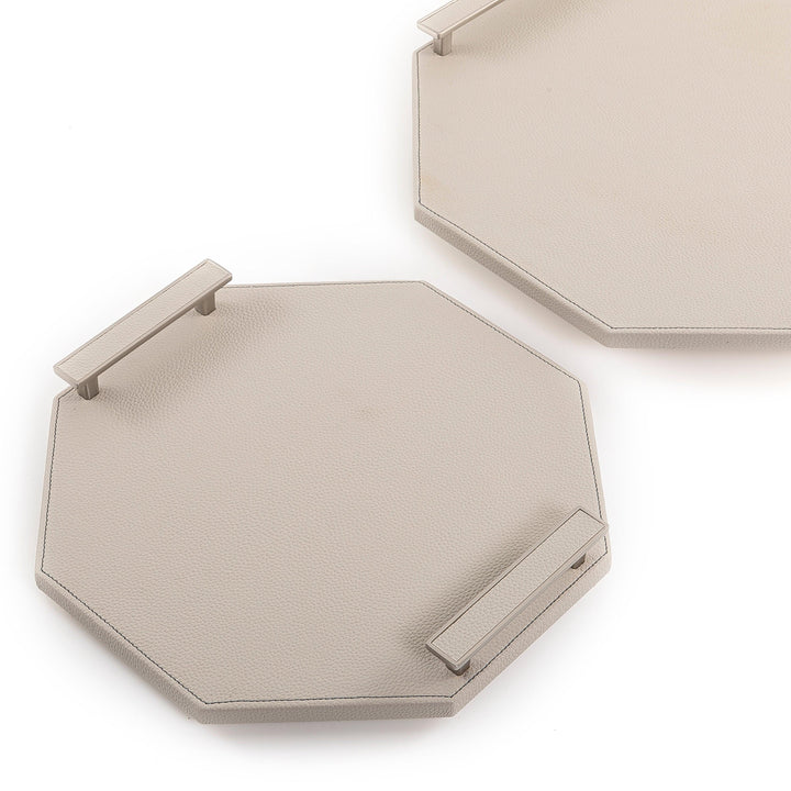 Hexagonal shape 2 Wooden Tray, Wrap with Light Grey Color leather - CASCADES