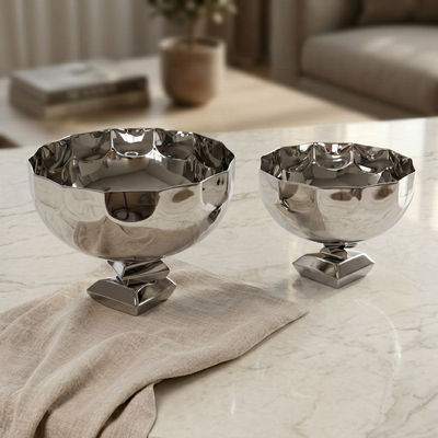 Set of 2 Round Metal Serving Bowl with base stand with gift box - Silver