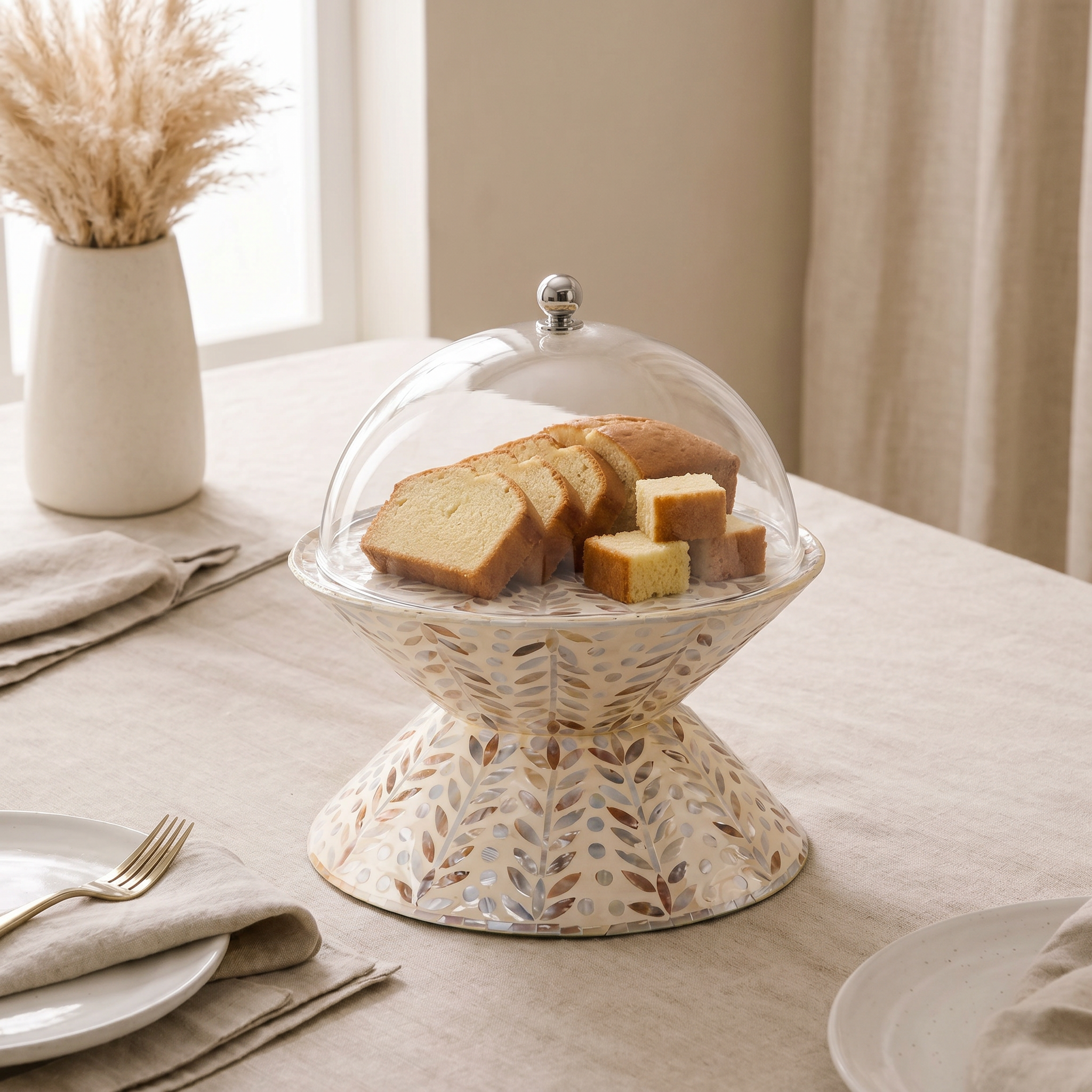 Double face mother of pearl round cake stand with lid - cream M