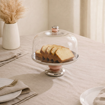 Cake stand dome with pebble stack base - Silver+Pink