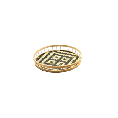 black and beige round bamboo and wood tray