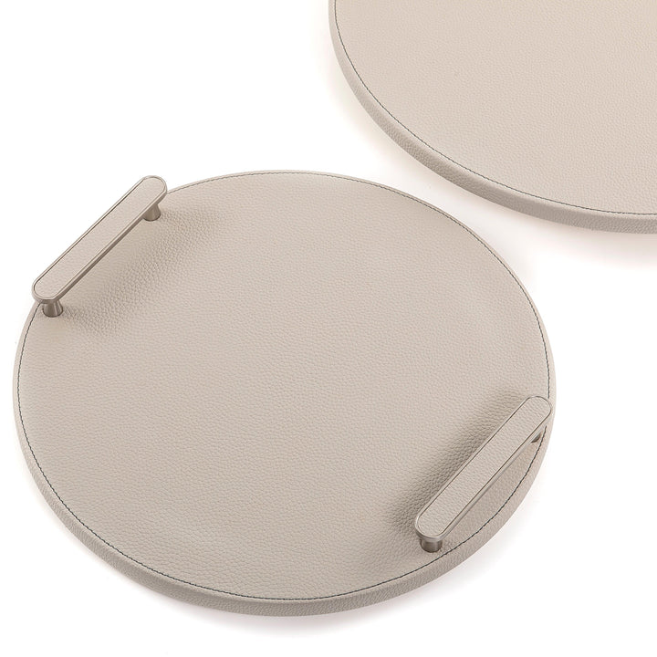 Round Shape 2 Wooden Tray, Wrap with Light Grey Color leather - CASCADES