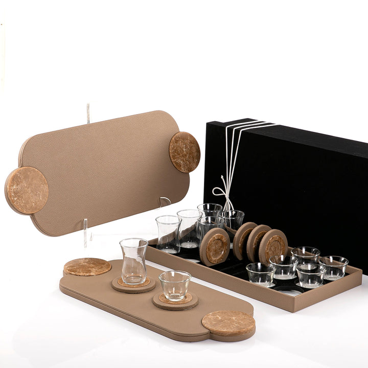 Set of 2 leather trays with cups and coaster with gift box - CASCADES