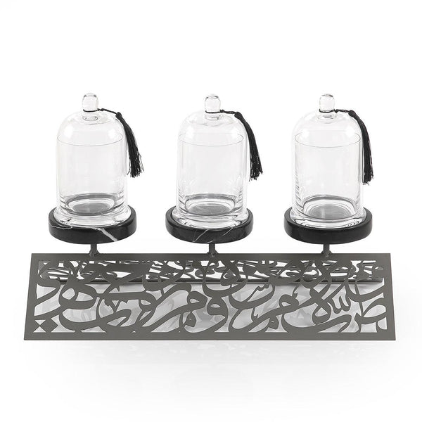 Set of stand with 3 glass jars and marble with arabian design - CASCADES