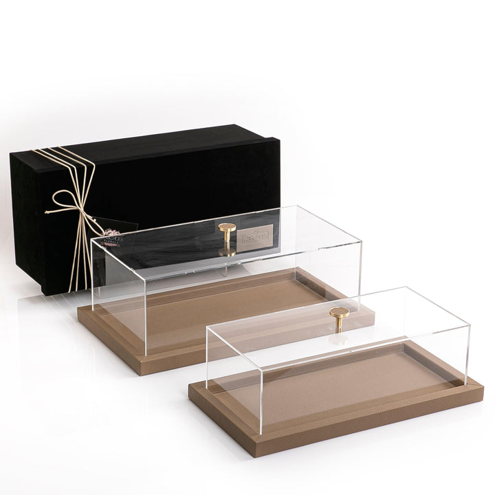 Wooden tray set wrap with light brown leather, with acrylic cover - CASCADES